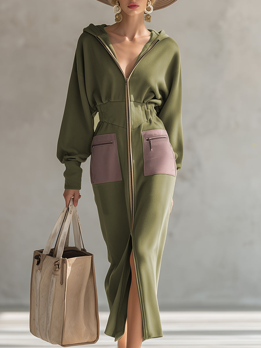 Linda | Elegant Olive Zip-Up Maxi Dress