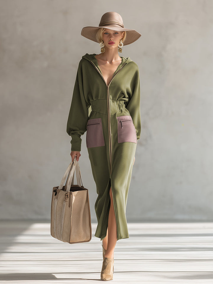 Linda | Elegant Olive Zip-Up Maxi Dress