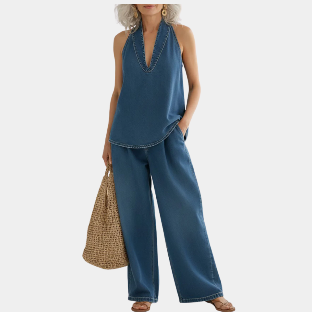June - Vintage Washed Soft Denim-Look Two-Piece Set
