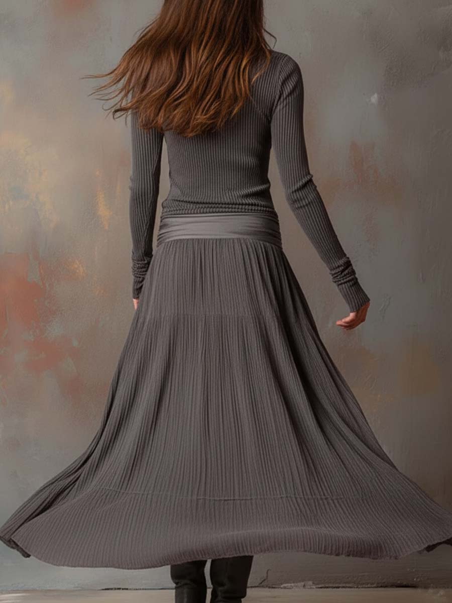 Florence™ Vintage Ribbed Knit Maxi Dress In Charcoal Gray