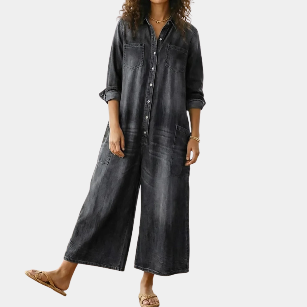 June - Vintage Washed Soft Denim-Look Jumpsuit with Button Closure
