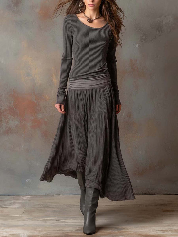Florence™ Vintage Ribbed Knit Maxi Dress In Charcoal Gray