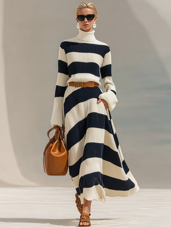Grace | Navy & White Striped Knit Maxi Dress