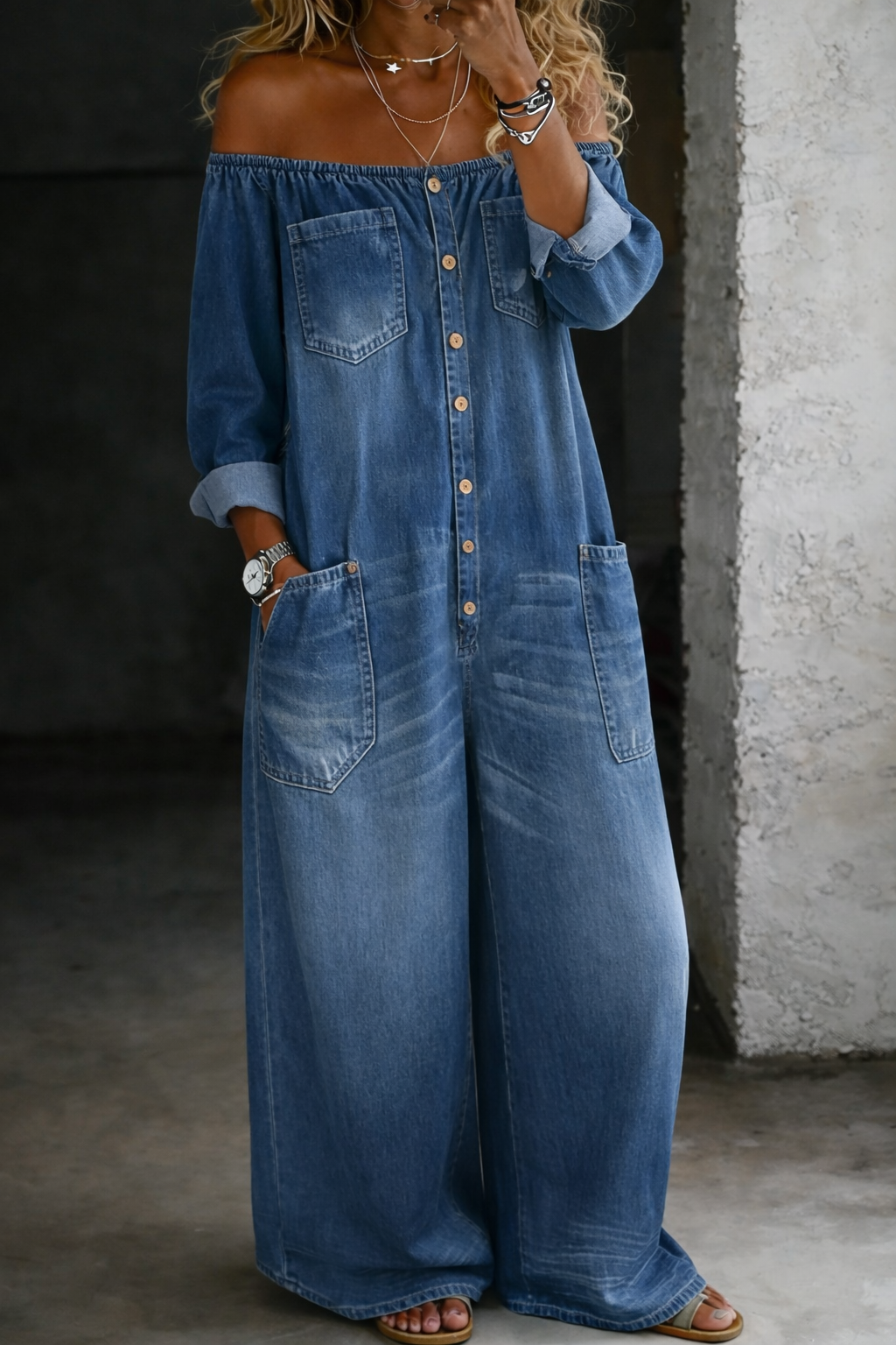 Elena | Off Shoulder Long Sleeve Denim Jumpsuit