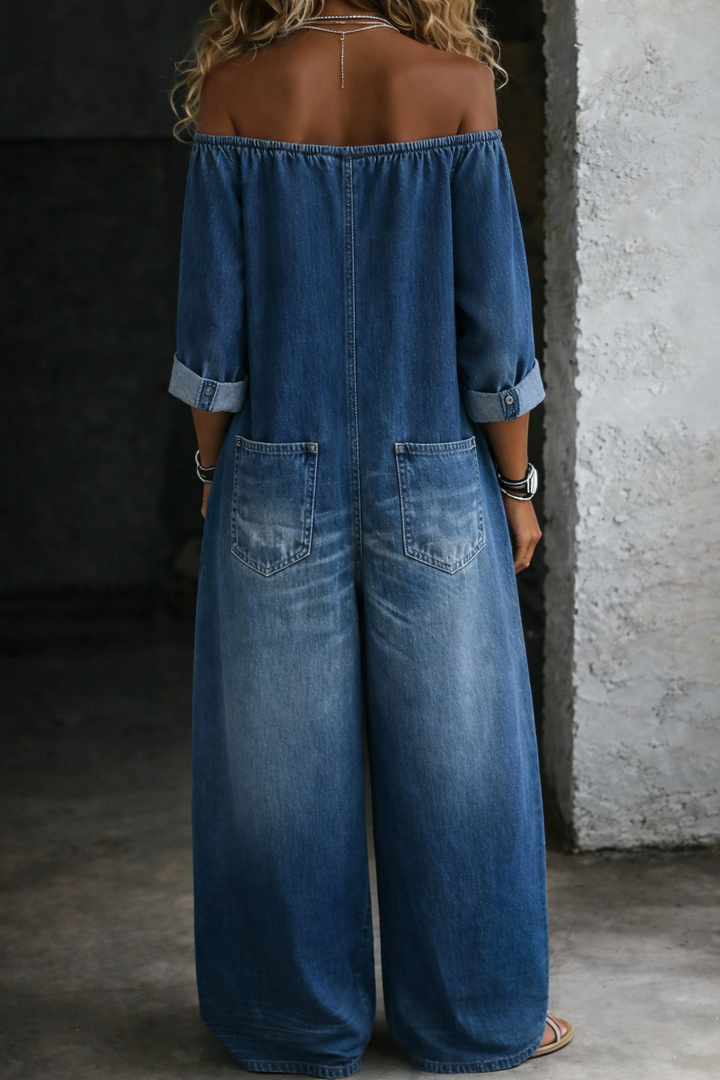 Elena | Off Shoulder Long Sleeve Denim Jumpsuit