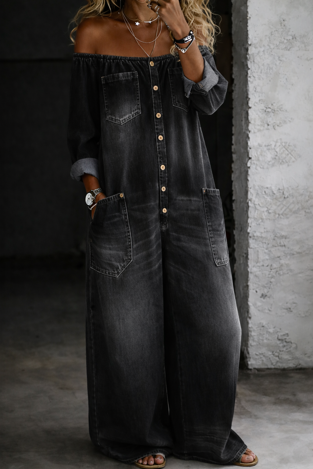 Elena | Off Shoulder Long Sleeve Denim Jumpsuit