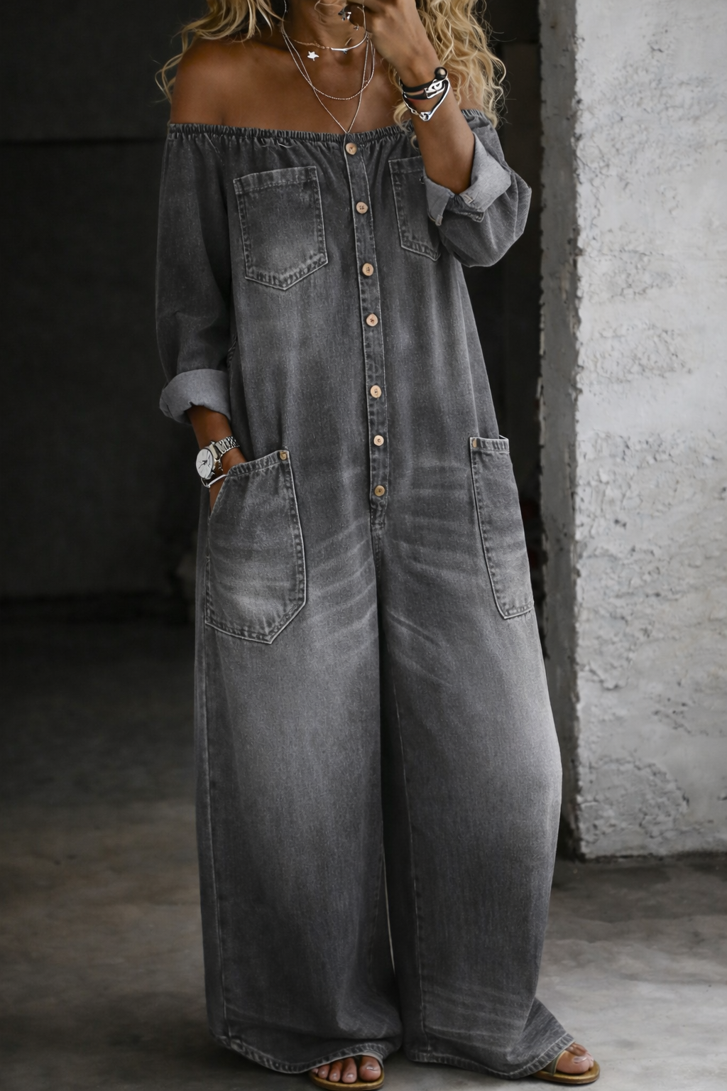 Elena | Off Shoulder Long Sleeve Denim Jumpsuit