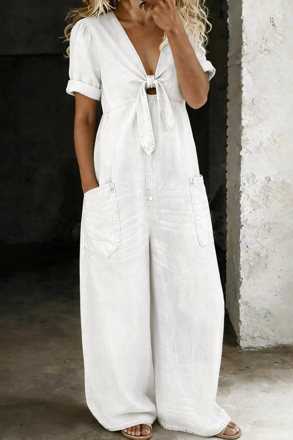 Maya | V Neck Short Sleeve Denim Jumpsuit
