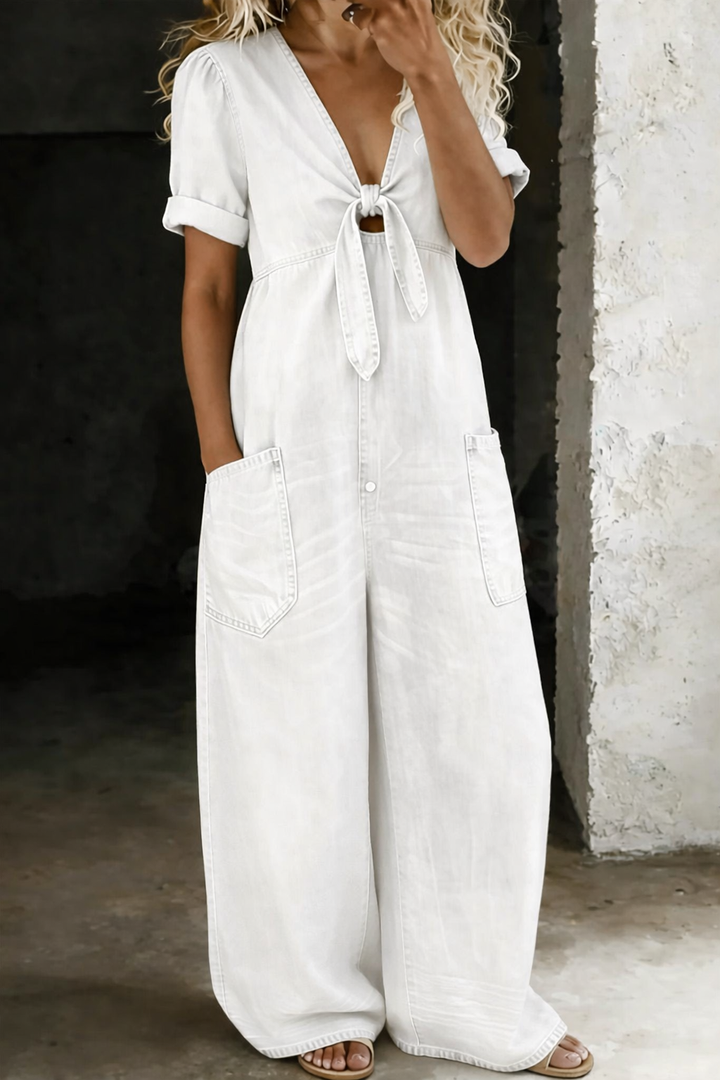 Maya | V Neck Short Sleeve Denim Jumpsuit