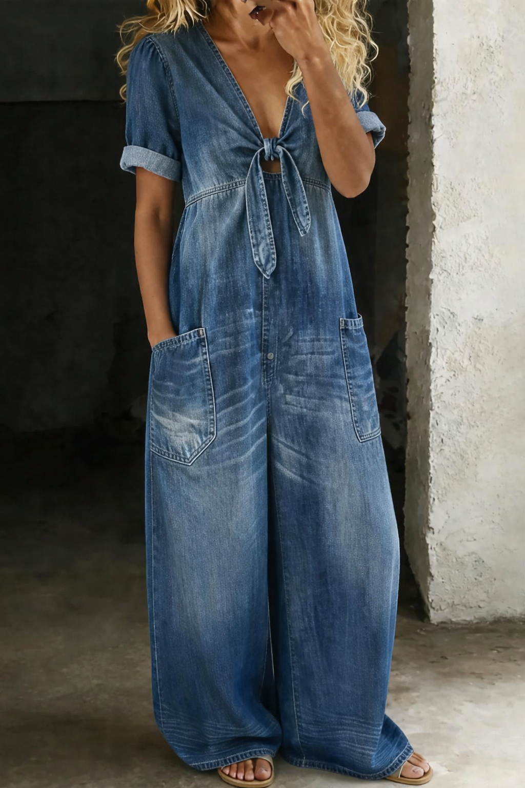 Maya | V Neck Short Sleeve Denim Jumpsuit