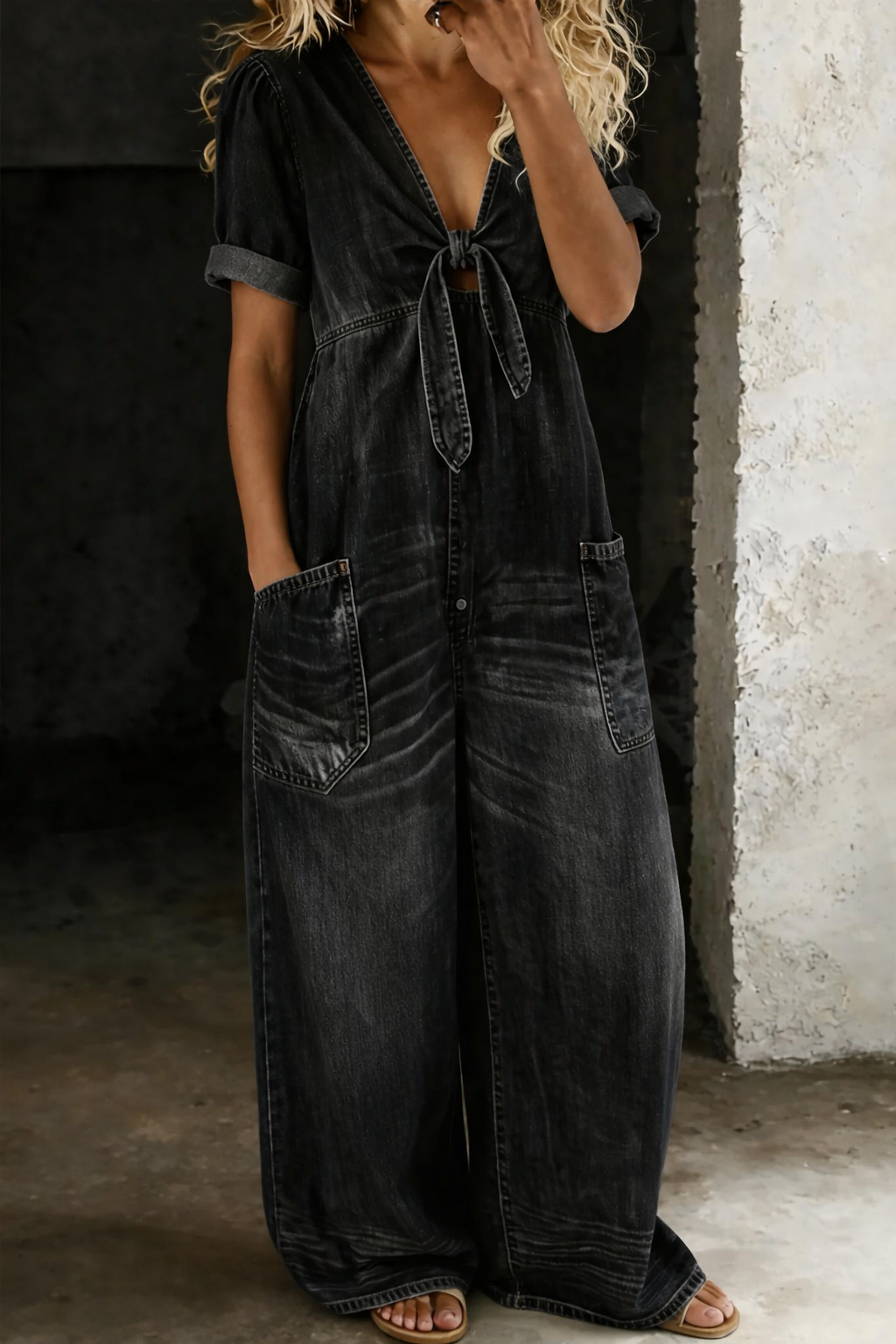 Maya | V Neck Short Sleeve Denim Jumpsuit