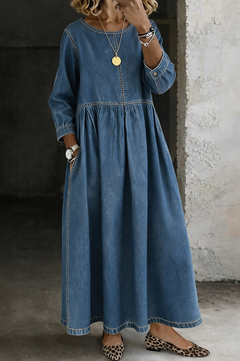 Melissa | Round Neck Long Sleeve Denim-Look Dress
