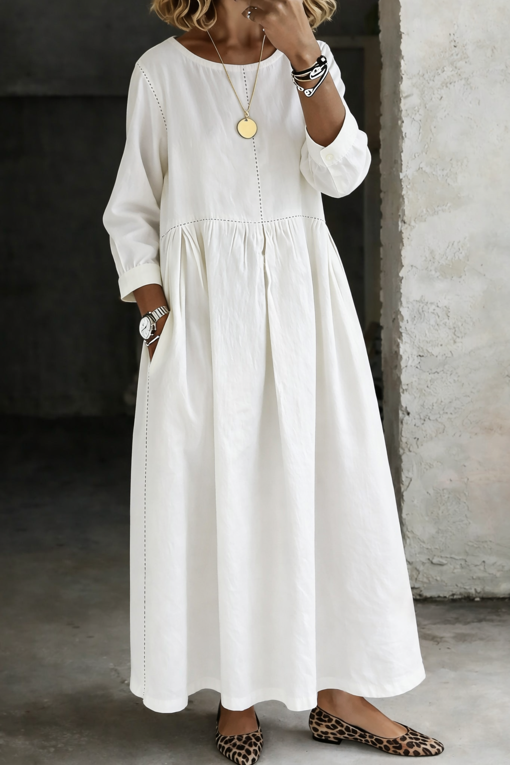 Melissa | Round Neck Long Sleeve Denim-Look Dress