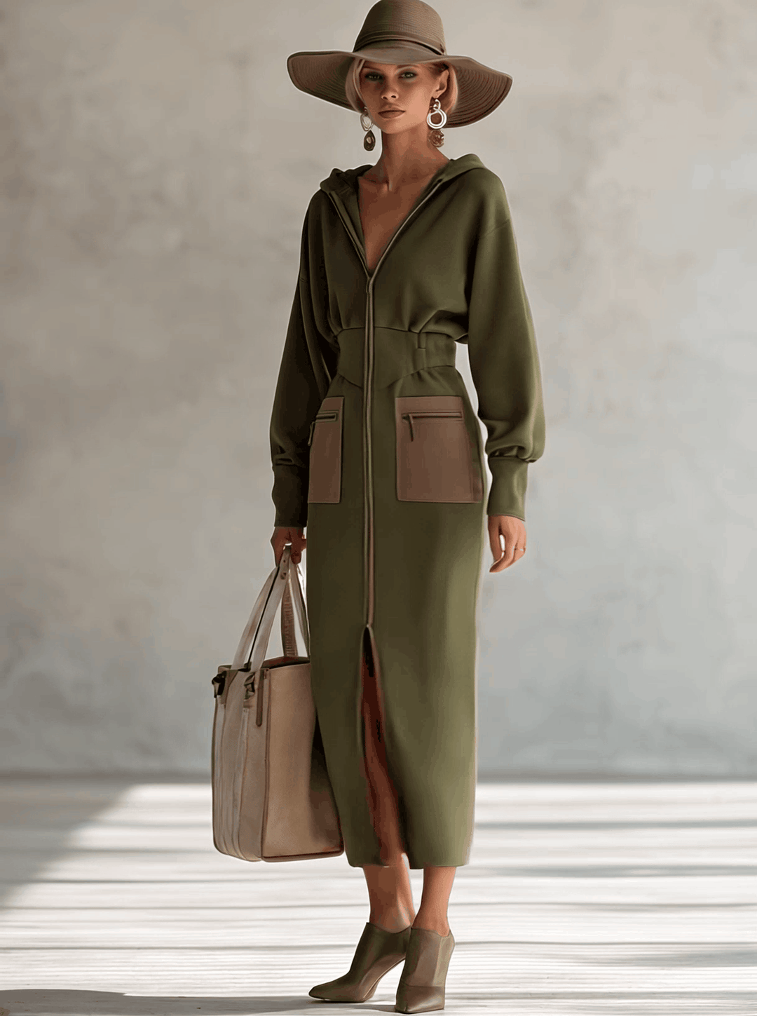 Linda | Elegant Olive Zip-Up Maxi Dress