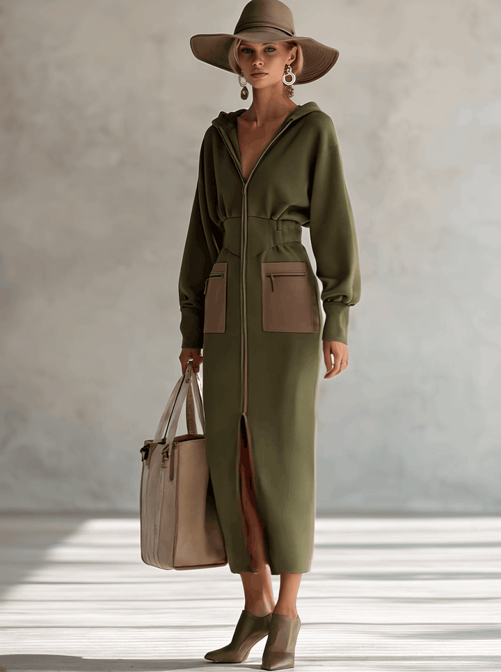 Linda | Elegant Olive Zip-Up Maxi Dress