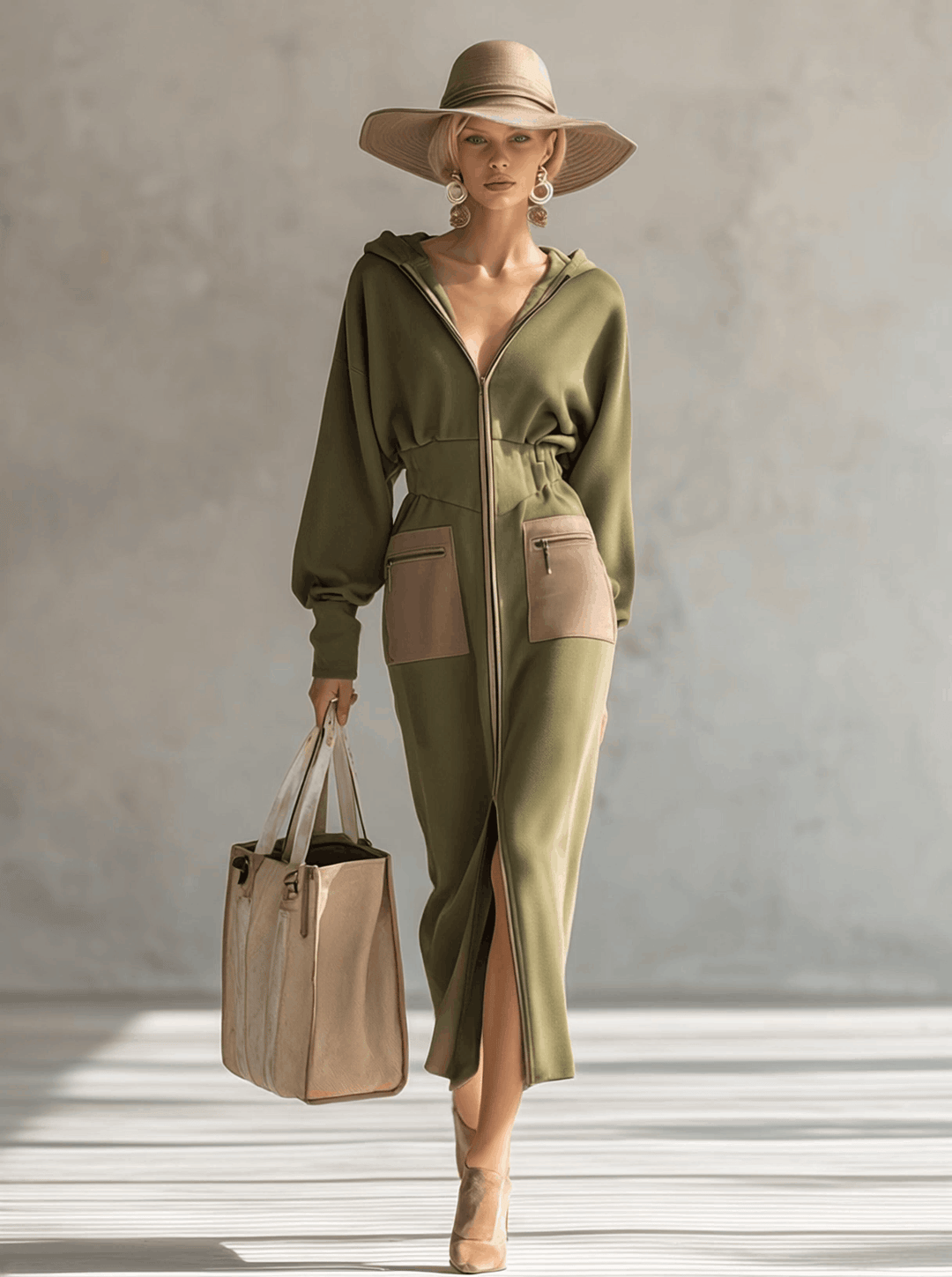 Linda | Elegant Olive Zip-Up Maxi Dress