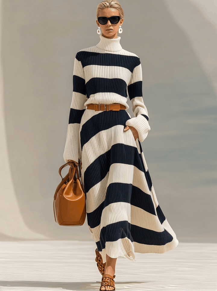 Grace | Navy & White Striped Knit Maxi Dress
