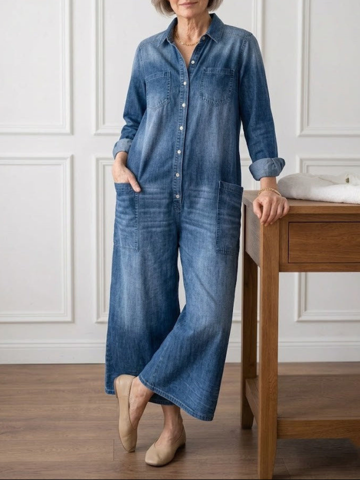 June - Vintage Washed Soft Denim-Look Jumpsuit with Button Closure