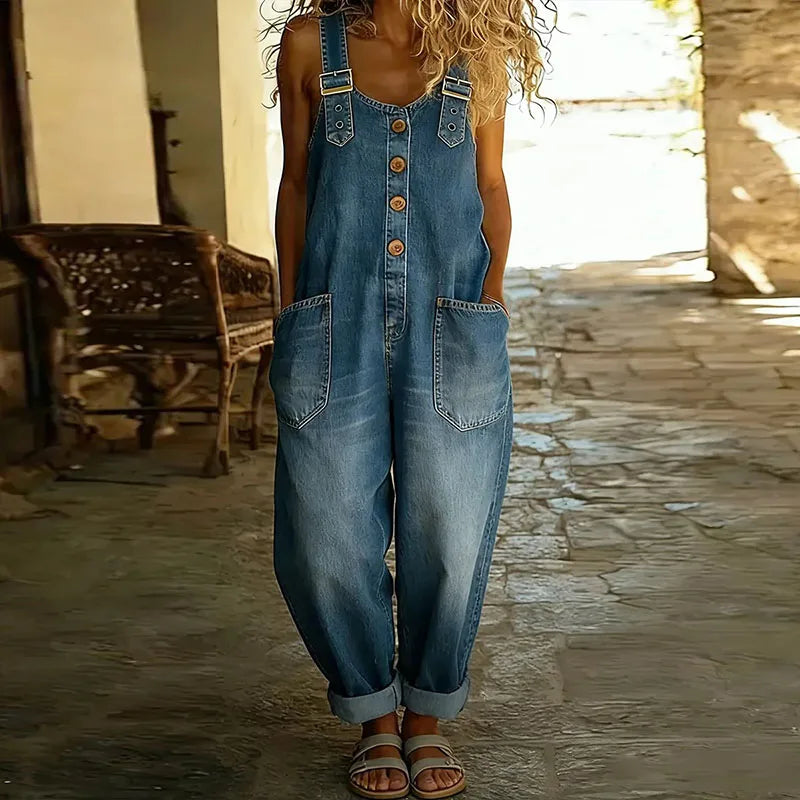 June - Vintage Soft Denim-Look Overalls with Adjustable straps