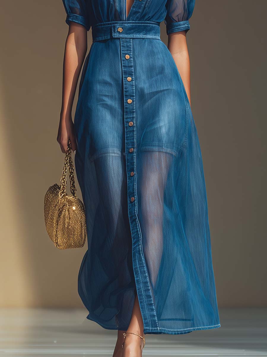 Eleanor | Elegant Blue Denim Organza Maxi Dress