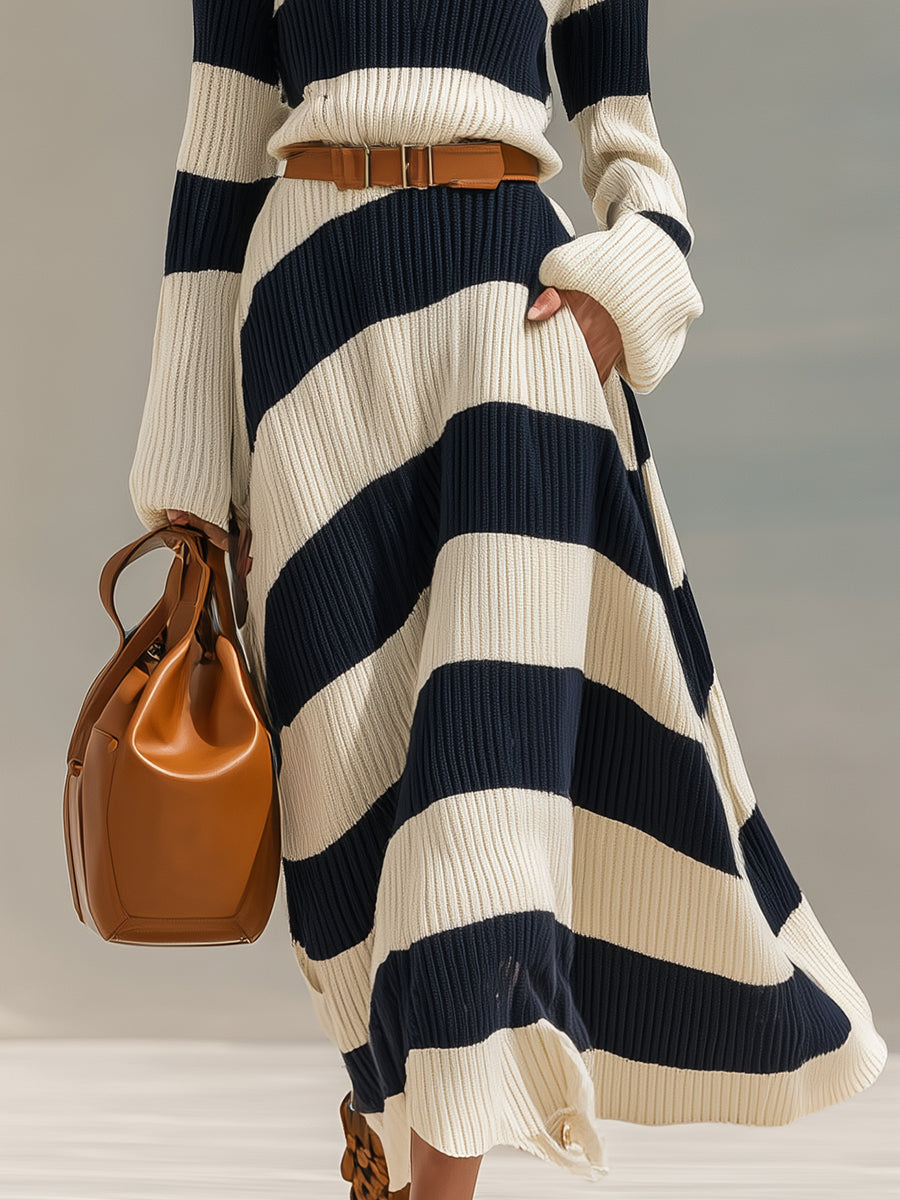 Grace | Navy & White Striped Knit Maxi Dress