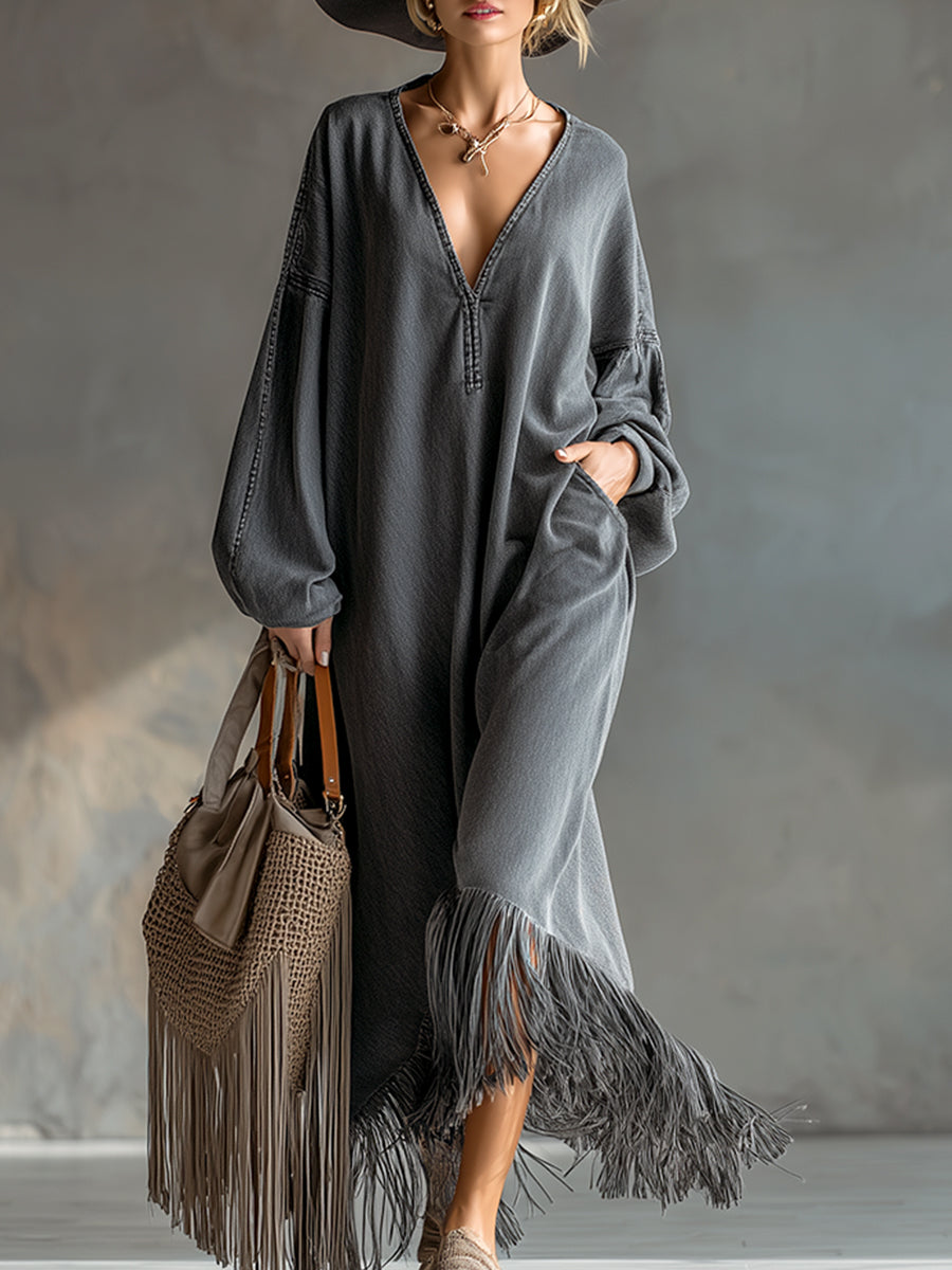 Martha | Elegant Denim Tassel Maxi Dress