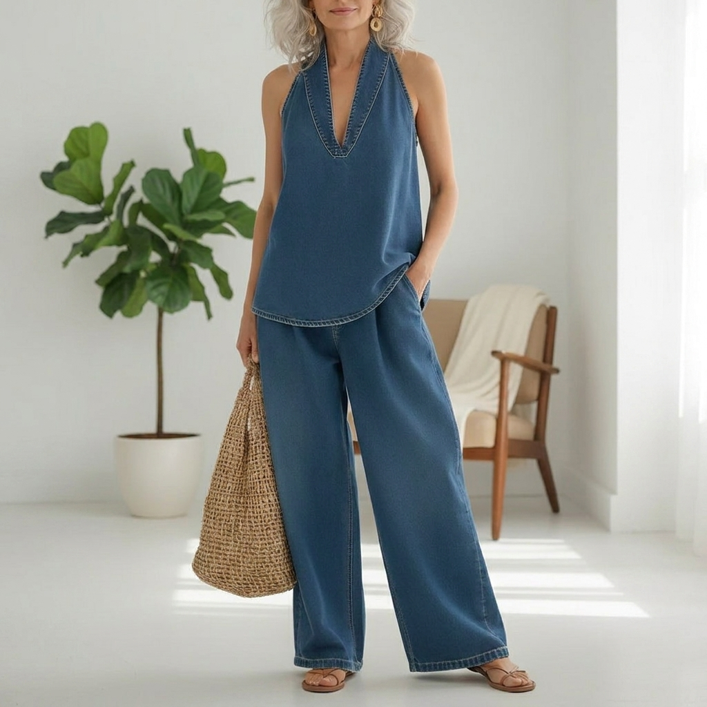 June - Vintage Washed Soft Denim-Look Two-Piece Set