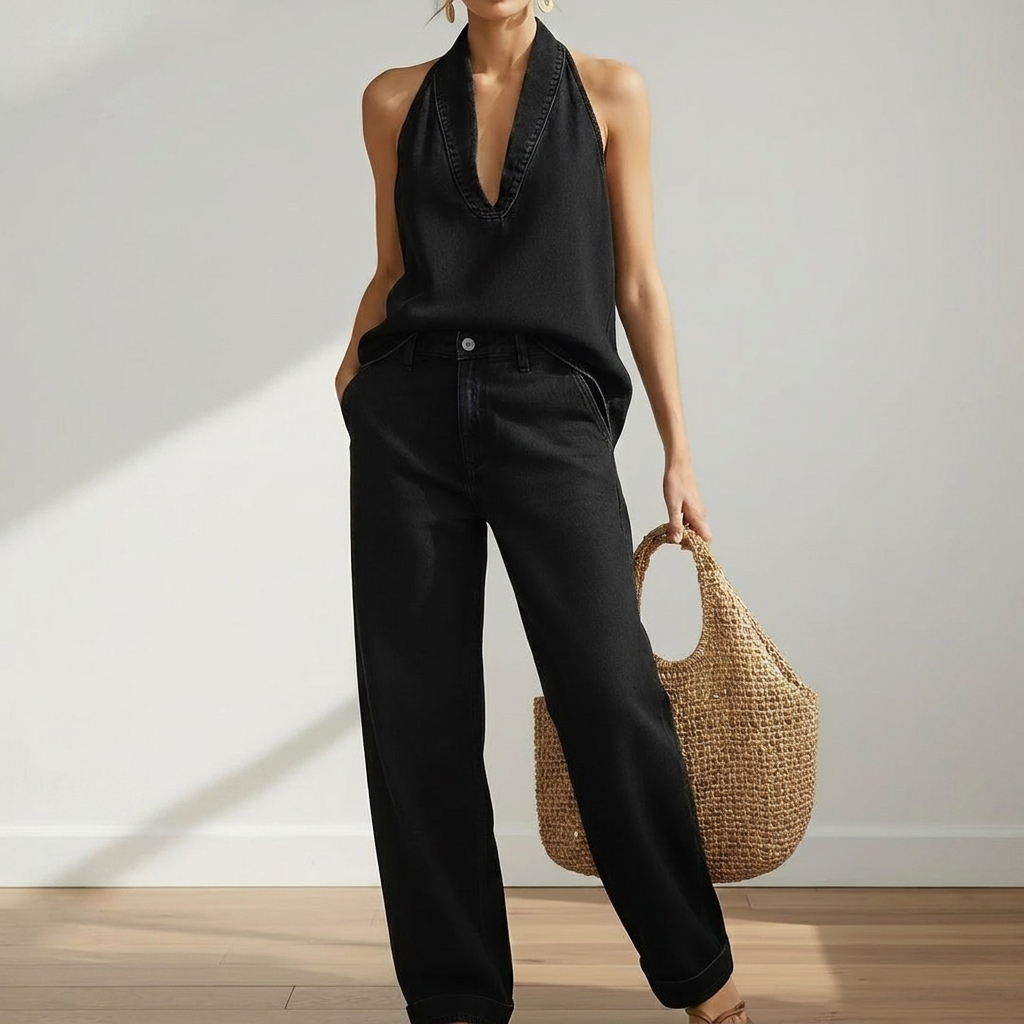 June - Vintage Washed Soft Denim-Look Two-Piece Set