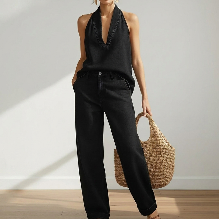June - Vintage Washed Soft Denim-Look Two-Piece Set