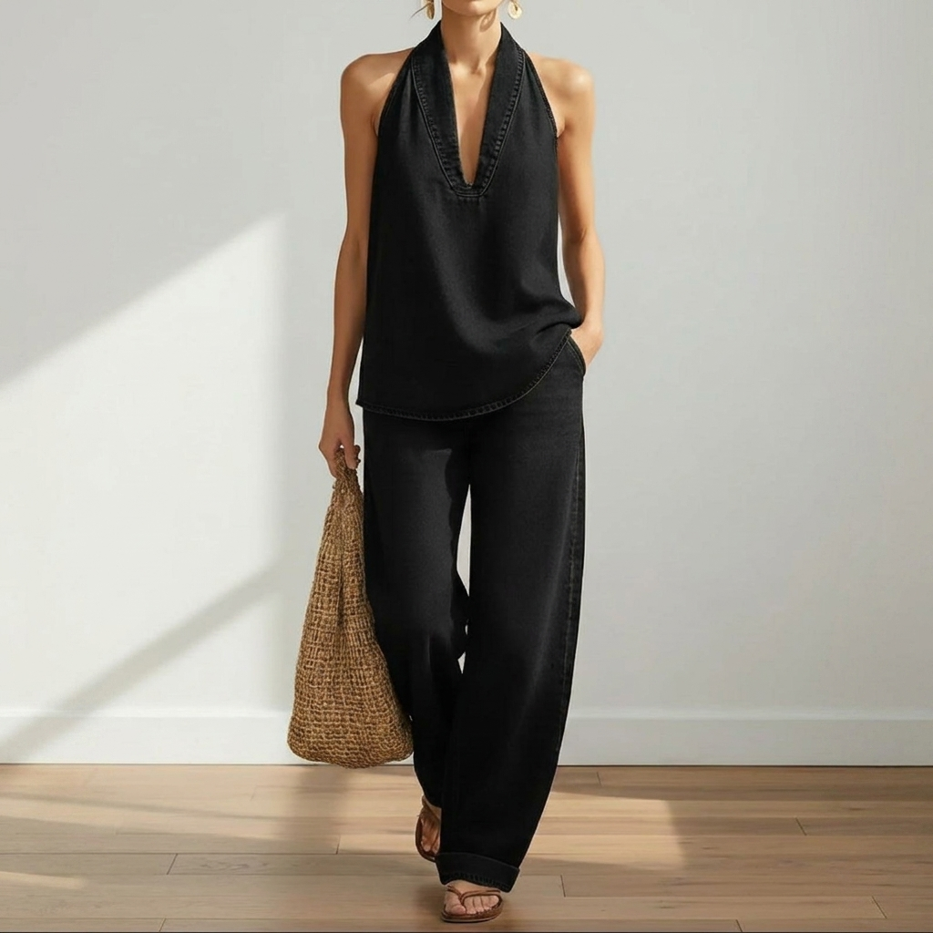 June - Vintage Washed Soft Denim-Look Two-Piece Set
